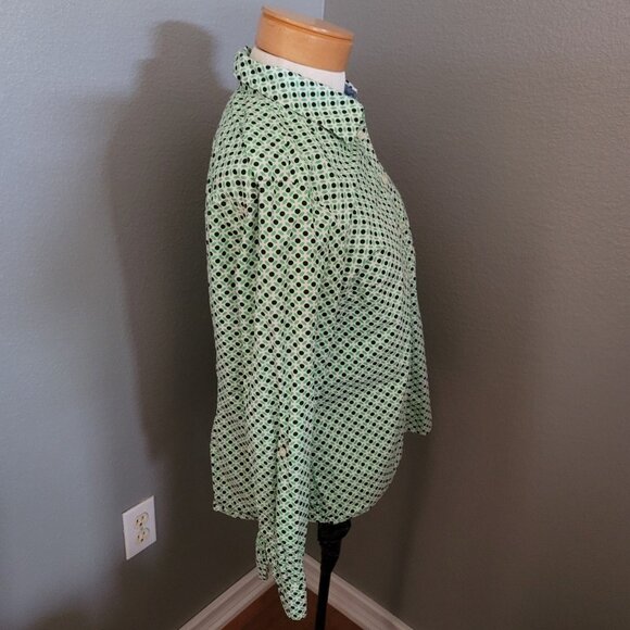Talbots Blouse Women's Size 12P Green Black Dots Bracelet Sleeve Button Up - Picture 2 of 6